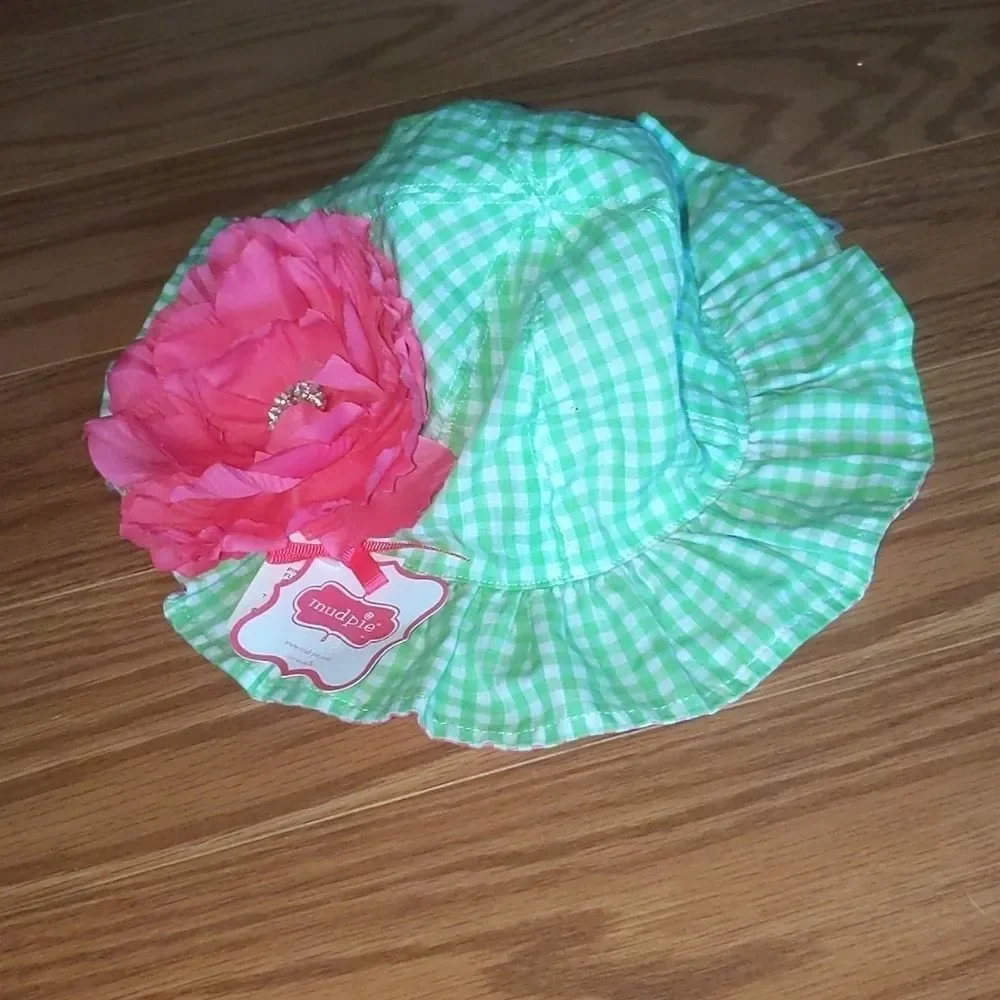 Mud Pie pink green gingham flower sunhat Sz 12m-2T